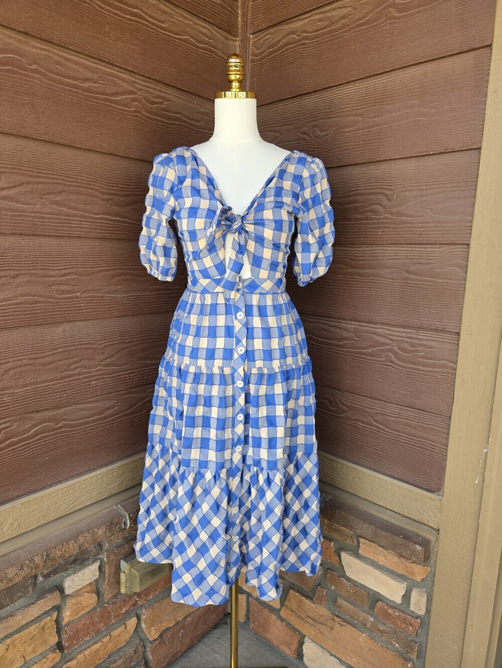 FRNCH Paris Blue & Beige Gingham Puff‑Sleeve Tie‑Front Button Dress – Women’s XS